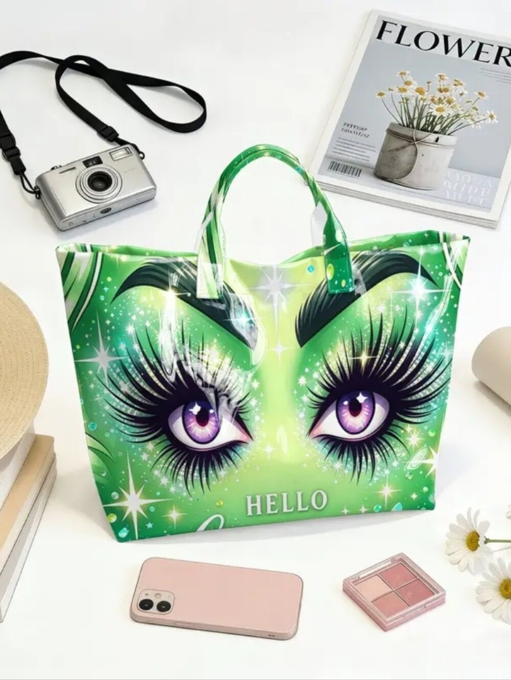 Women Glitter Glam Eyes Hello Big Tote Bag